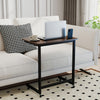 C-shaped end table with wheels in rustic brown, featuring a spacious top and built-in phone slot, ideal for couch use.