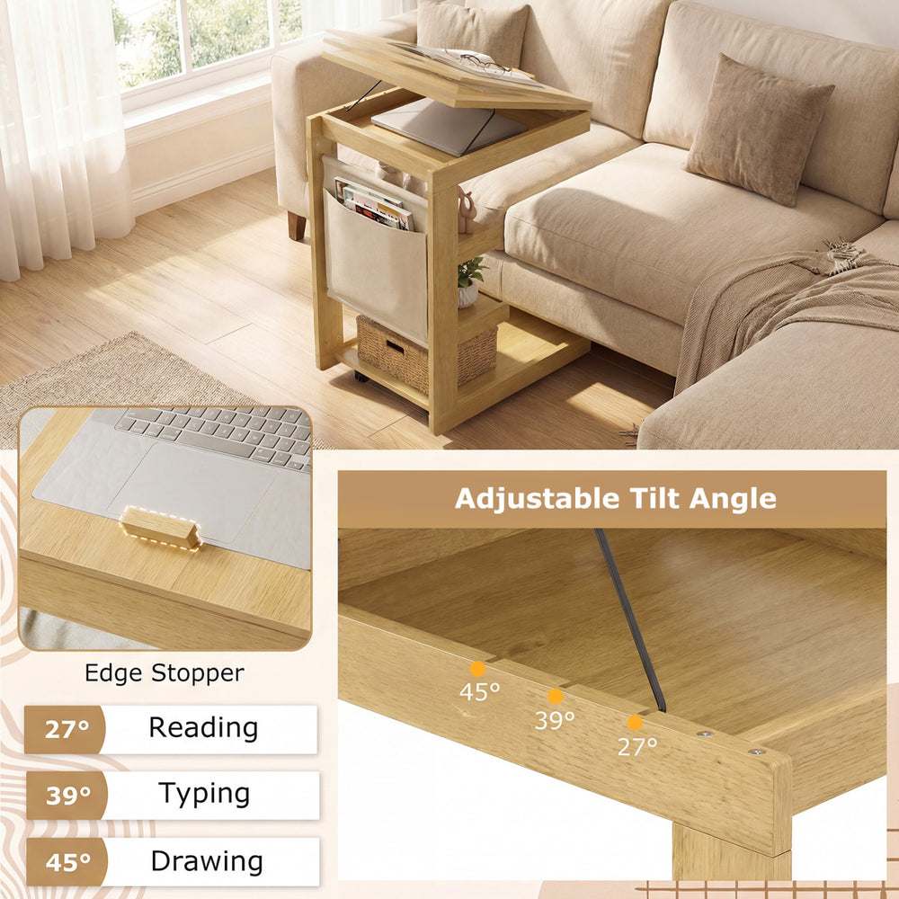C-shaped end table with adjustable tilt angles, natural rubber wood, and storage pockets, perfect for sofa or bedside.