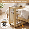 C-shaped end table with wheels, adjustable desktop, and storage pockets, perfect for bedside or sofa use.