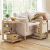 C-shaped end table with wheels, adjustable desktop, and open shelves for easy access beside a sofa in natural wood.