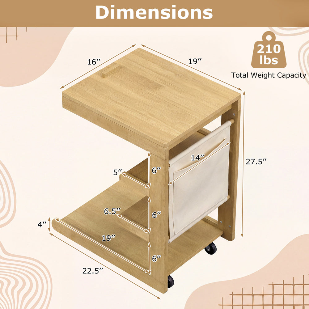 C-shaped end table with wheels, adjustable desktop, and storage shelves, designed for sofa or bedside use.