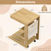 C-shaped end table with wheels, adjustable desktop, and storage shelves, designed for sofa or bedside use.