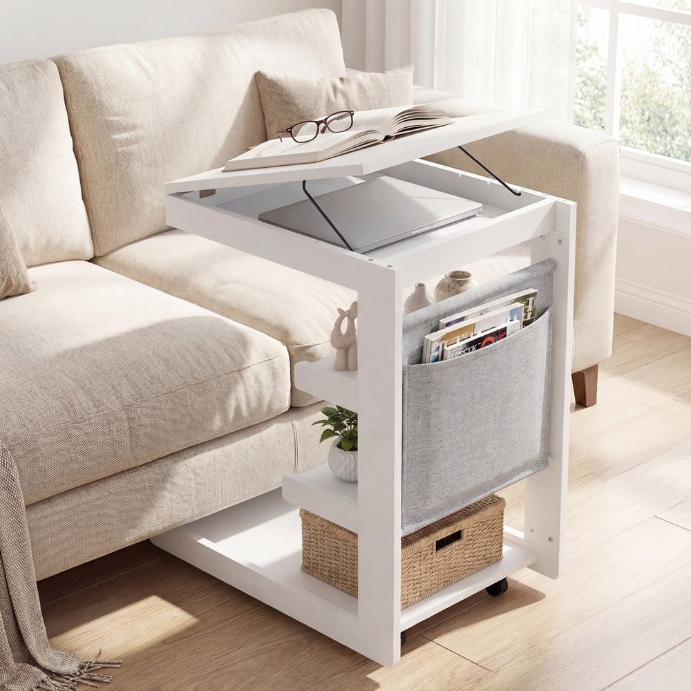 C-shaped End Table with Wheels and Adjustable Desktop for Sofa Couch Bedside-White - Gallery View 1 of 12