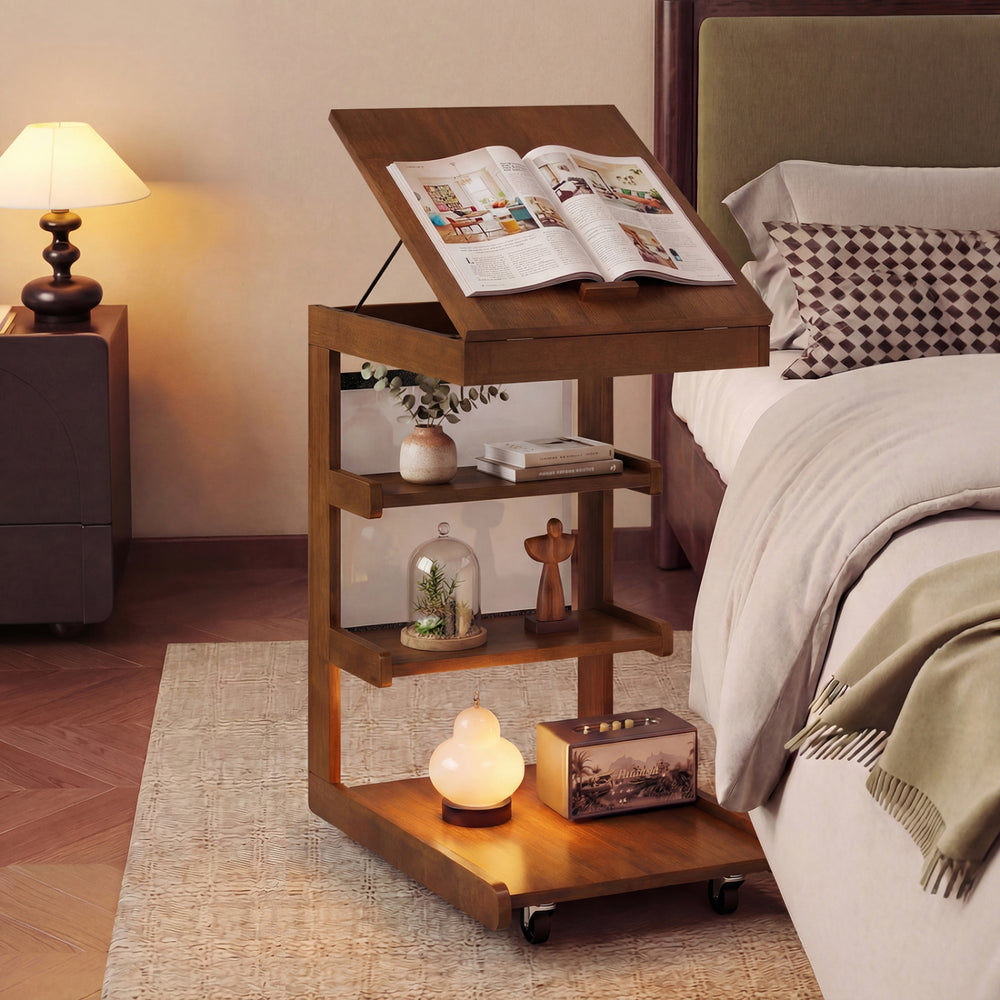 C-shaped End Table with Wheels and Adjustable Desktop for Sofa Couch Bedside-Brown - Gallery View 1 of 9