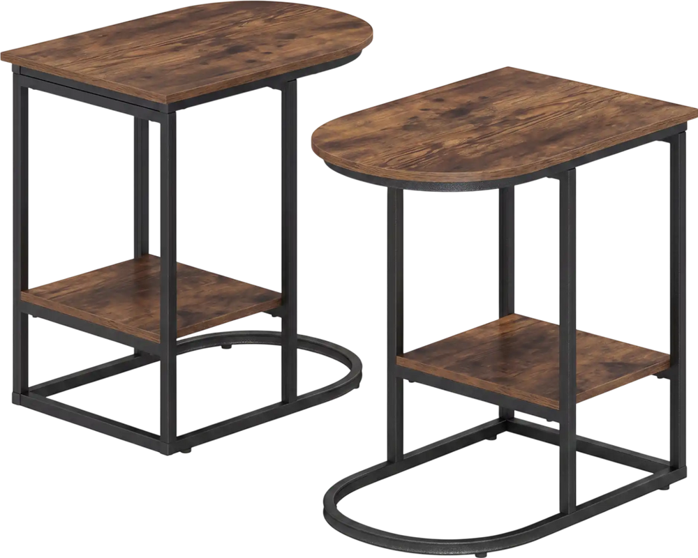 C-shaped modern sofa side table in rustic brown with faux marble top and 2-tier storage shelf for versatile use.