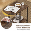 C-shaped modern sofa side table in rustic brown with faux marble tabletop and storage shelf, perfect for tight spaces.
