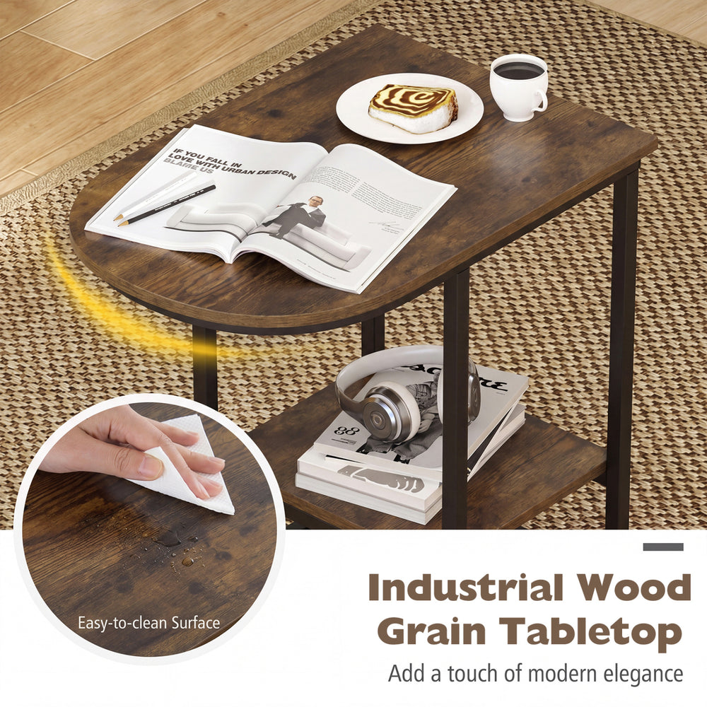 C-shaped modern sofa side table in rustic brown with faux marble tabletop and storage shelf, perfect for tight spaces.