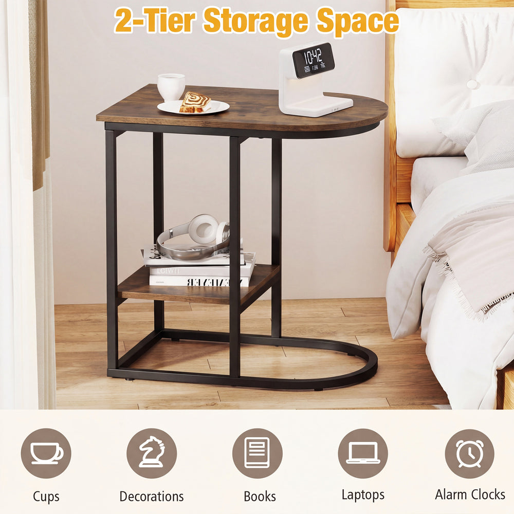 C-shaped modern sofa side table in rustic brown with faux marble top and 2-tier storage for lamps and cups.
