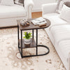 C-shaped modern sofa side table in rustic brown with faux marble top and 2-tier storage, perfect for tight spaces.