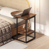 C-shaped modern side table in rustic brown with faux marble top and 2-tier storage, perfect for tight spaces.