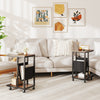 C-shaped side table with a brown metal frame and canvas storage pouch, ideal for small spaces and easy mobility.