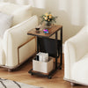 C-shaped side table with a brown metal frame and canvas storage pouch, perfect for small spaces and easy mobility.