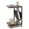 C-shaped side table with a brown metal frame, canvas storage pouch, and wheels for easy mobility in small spaces.