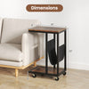 C-shaped side table with metal frame and canvas storage pouch, featuring dimensions for easy placement beside furniture.