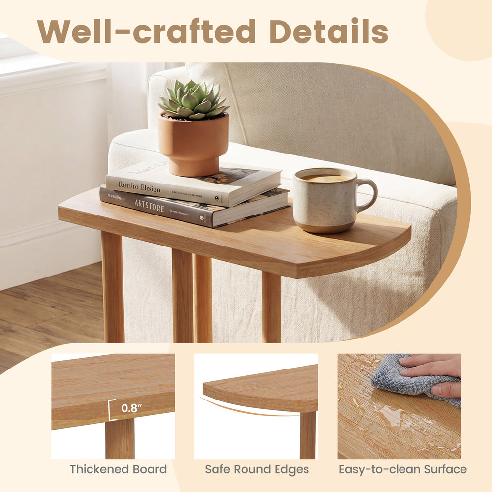 Narrow C-shaped teak wood side table with thickened top, safe round edges, and easy-to-clean surface for versatile use.