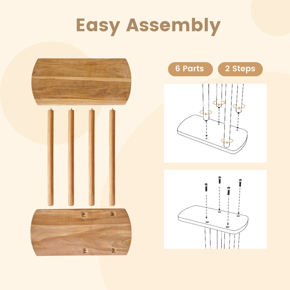 Narrow C-shaped teak wood side table assembly guide showing 6 parts and 2 simple steps for easy setup.