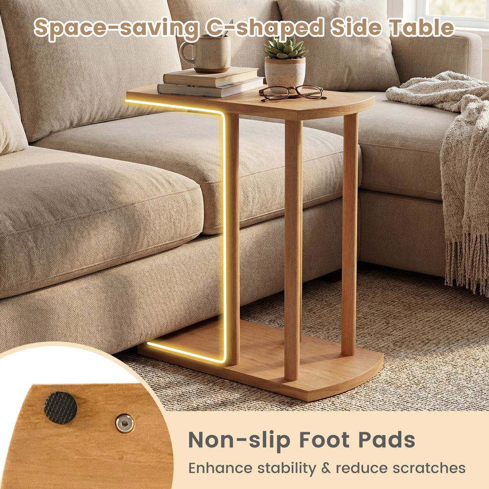 Narrow C-shaped teak wood side table with 2 tiers, non-slip foot pads, perfect for couches and easy to assemble.