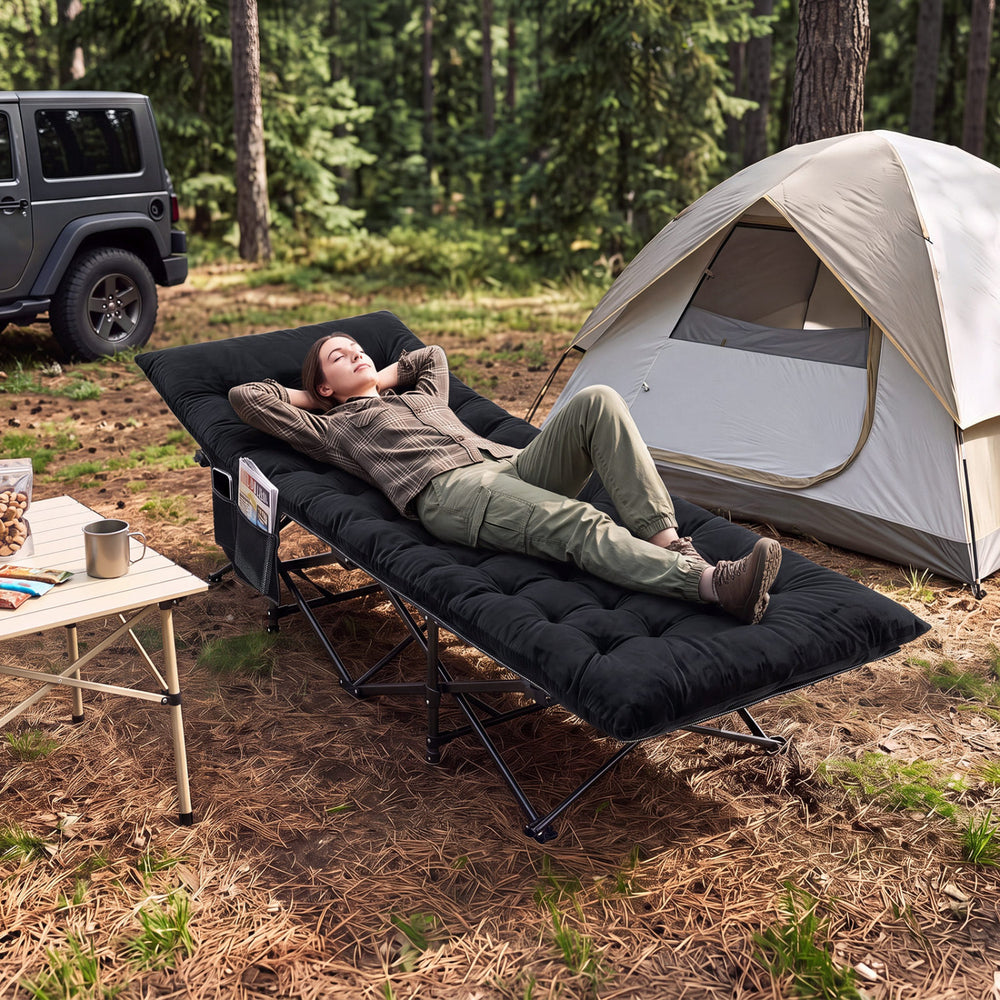 Camping Cot for Adults with Soft Padded Mat and Carrying Bag-Black - Gallery View 1 of 11
