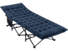 Navy camping cot features a soft padded mat, heavy-duty metal frame, and convenient carrying bag for easy transport.