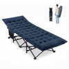 Navy camping cot features a soft padded mat, reinforced metal frame, and convenient carrying bag for easy transport.