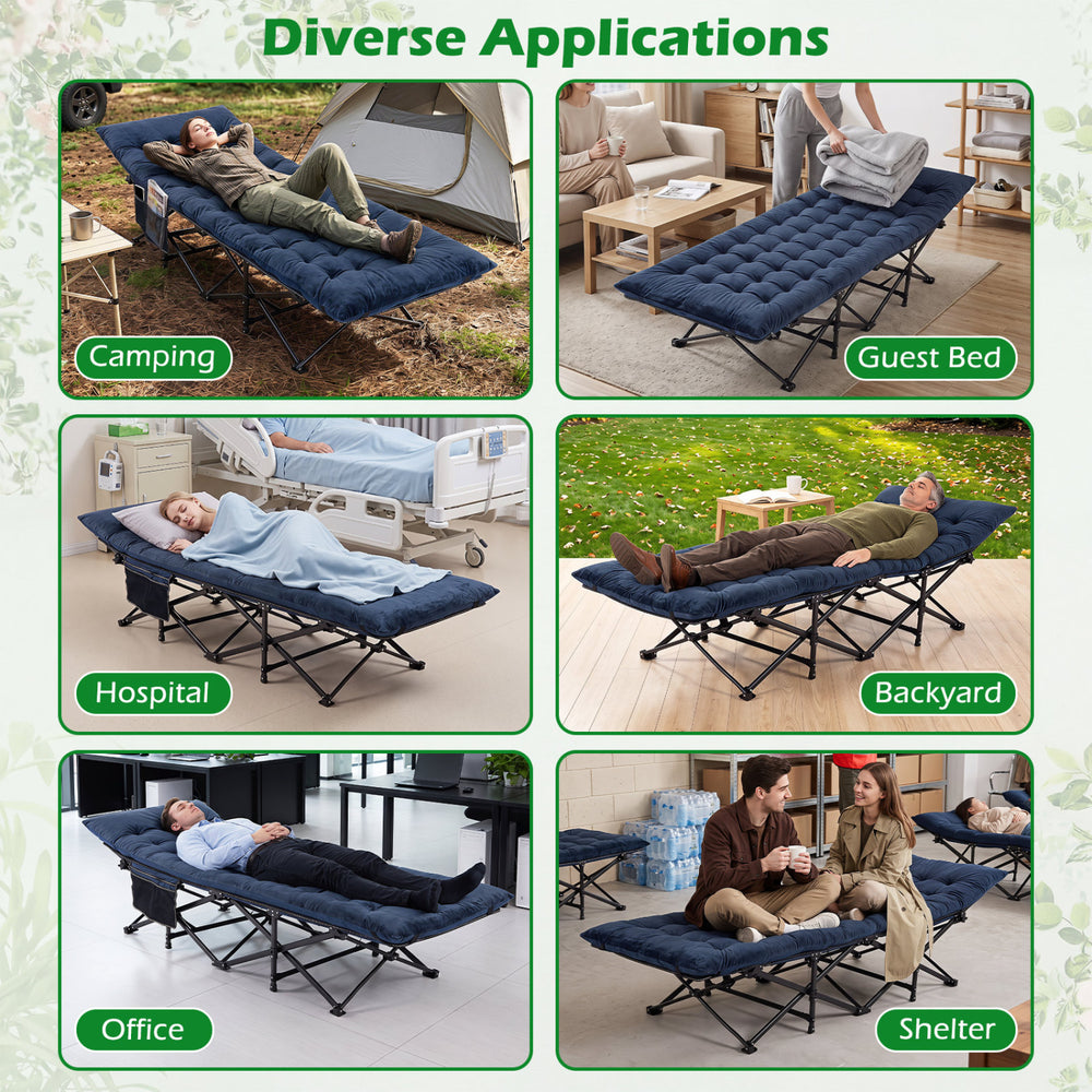 Camping cot with soft padded mat in navy, ideal for guest beds, camping, and versatile use in various settings.