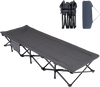 Camping cot in gray with padded pillow, side storage pouch, and stable construction for easy outdoor travel.