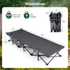 Camping cot in gray with padded pillow, side storage pouch, and sturdy construction for outdoor and indoor use.
