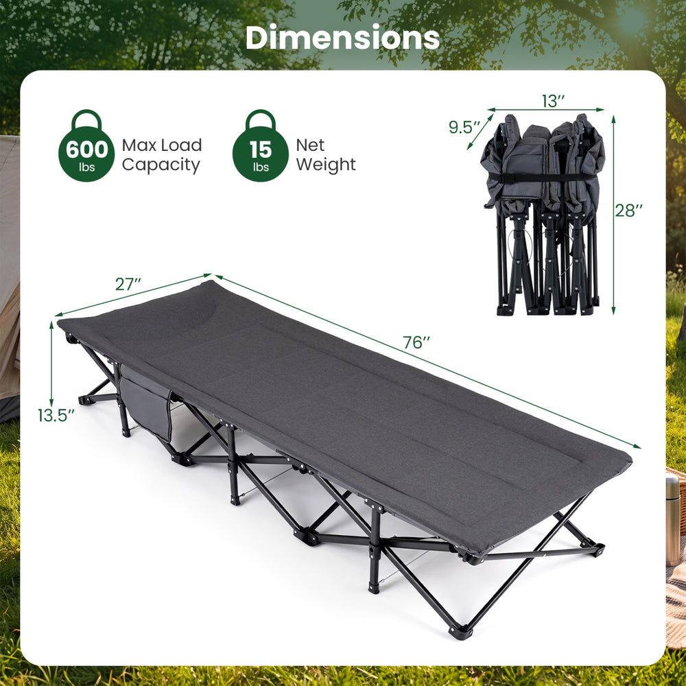 Camping cot in gray with padded pillow, side storage pouch, and sturdy construction for outdoor and indoor use.