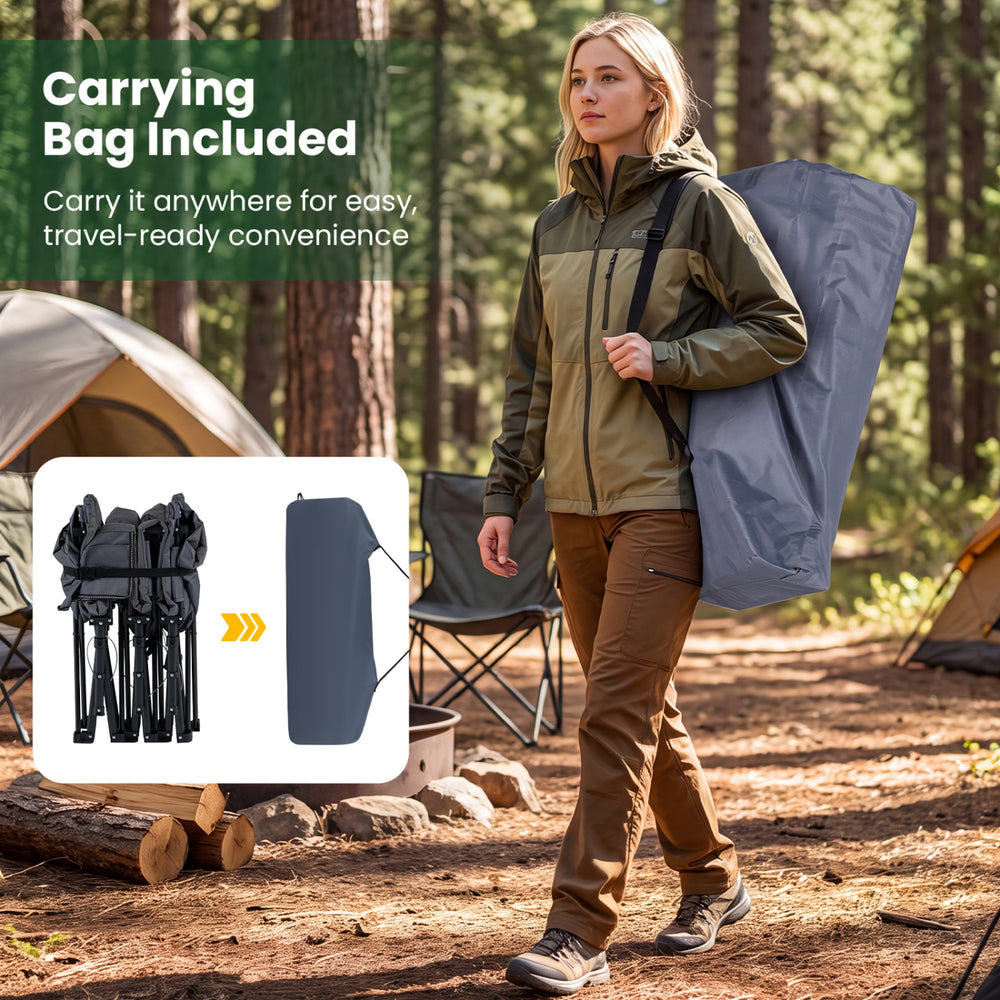 Camping cot in gray with padded pillow, side storage pouch, and carrying bag for easy travel convenience.