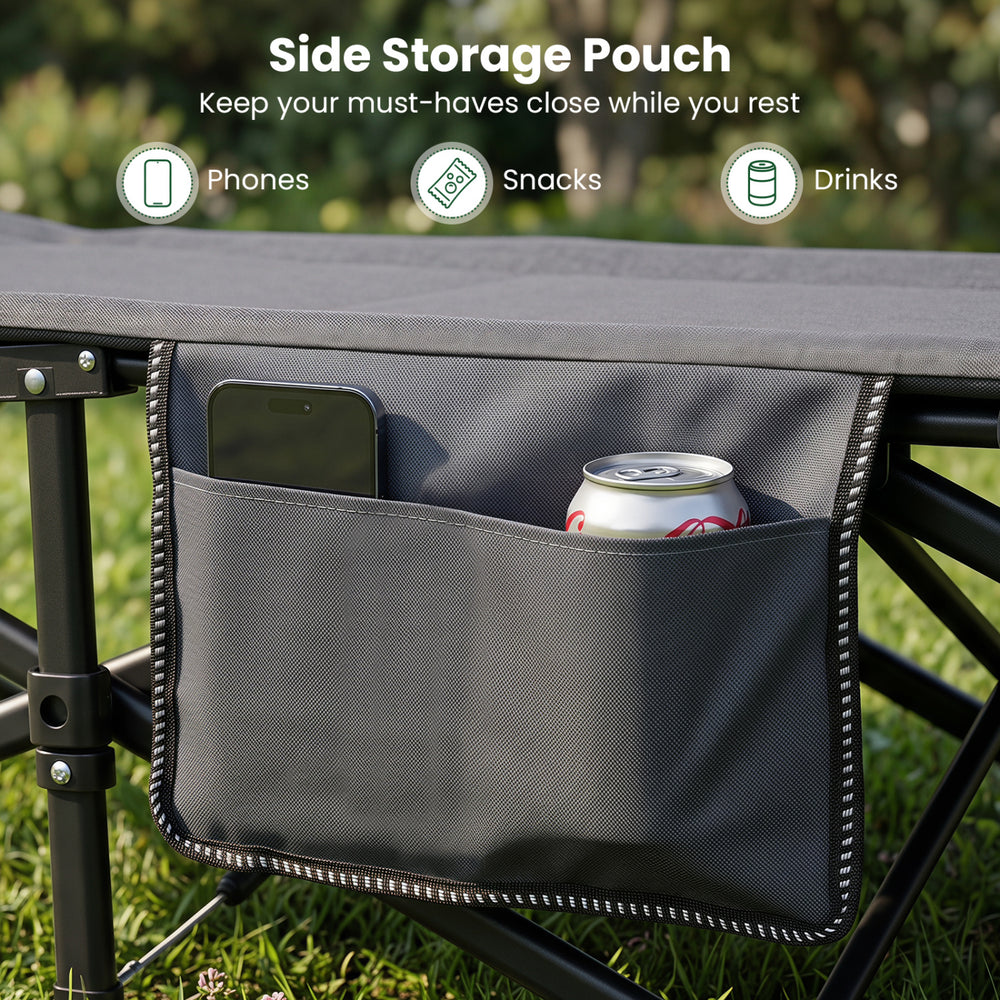 Side storage pouch on the gray camping cot holds drinks and snacks for convenient access while you relax outdoors.