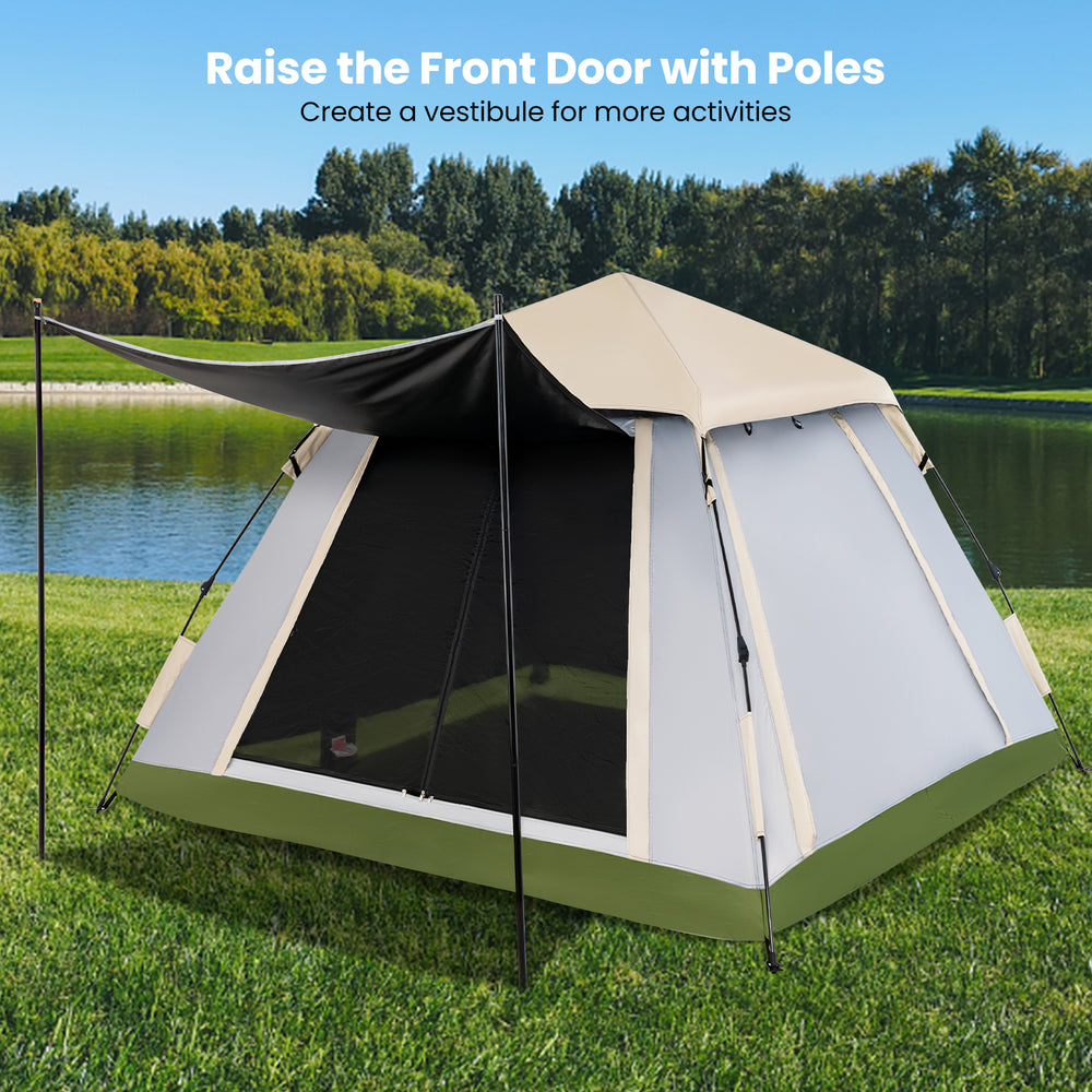 Instant pop-up camping tent for 2-4 people with removable rainfly, raised front door for extra shade, and mesh.