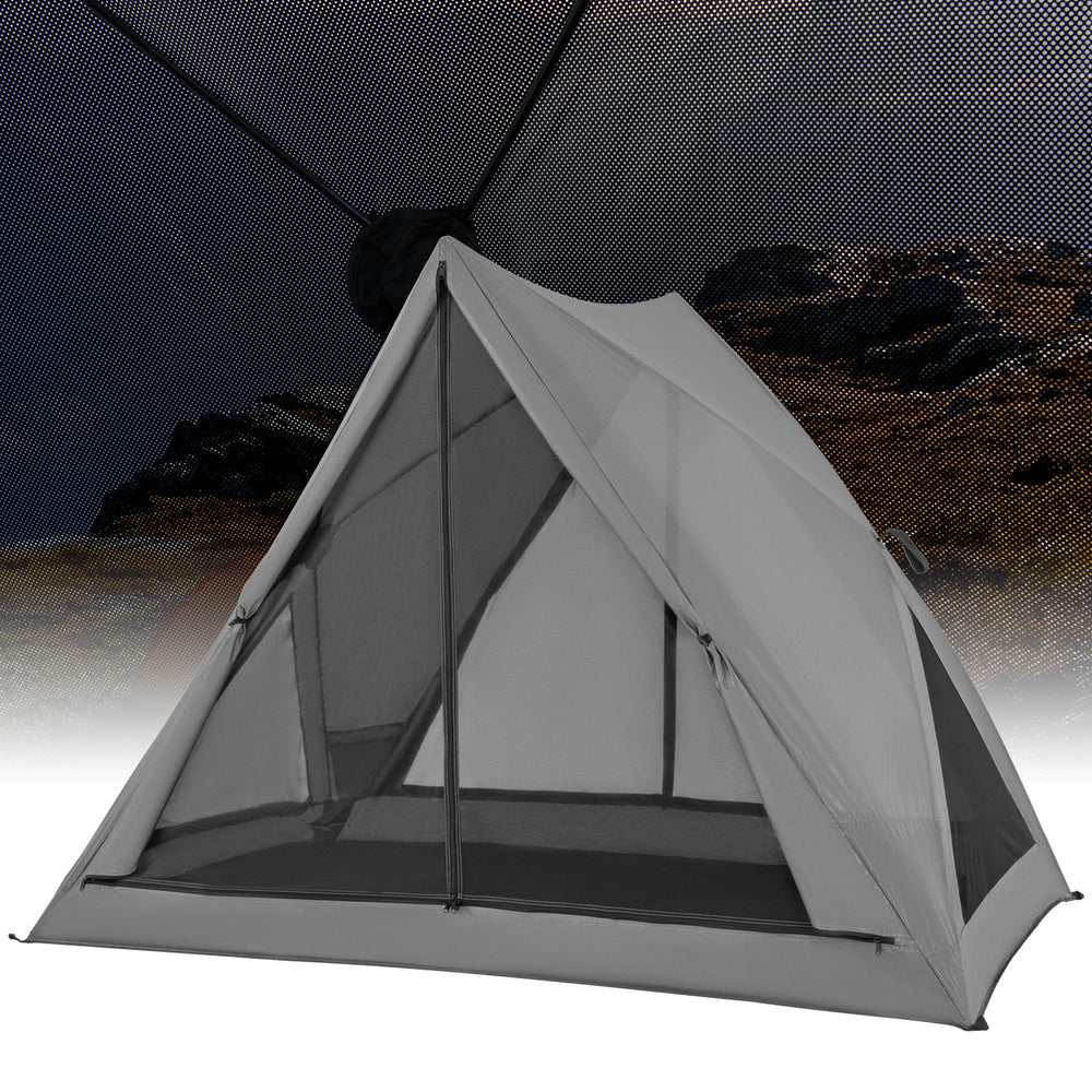 Gray pop-up camping tent for 2-3 people with mesh panels and rainfly, ideal for hiking and backpacking trips.