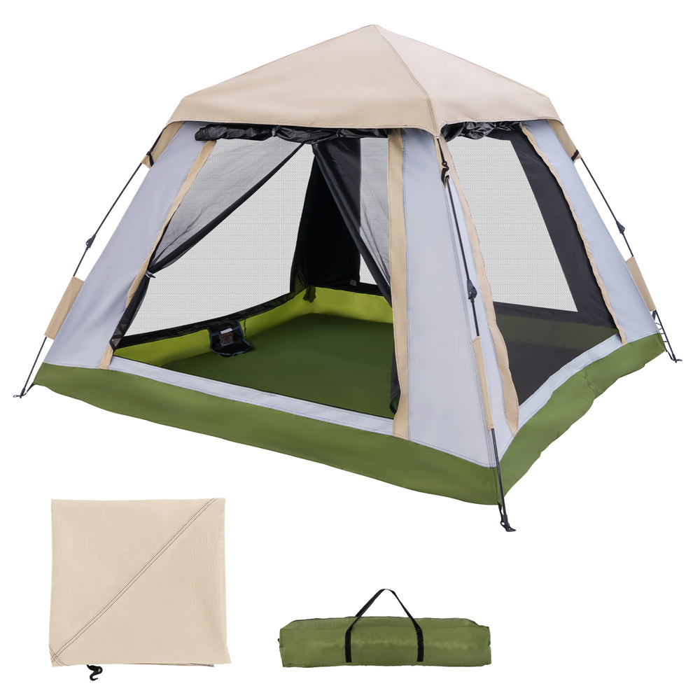 Instant pop-up camping tent for 2-4 people with removable rainfly, large interior space, and mesh ventilation.