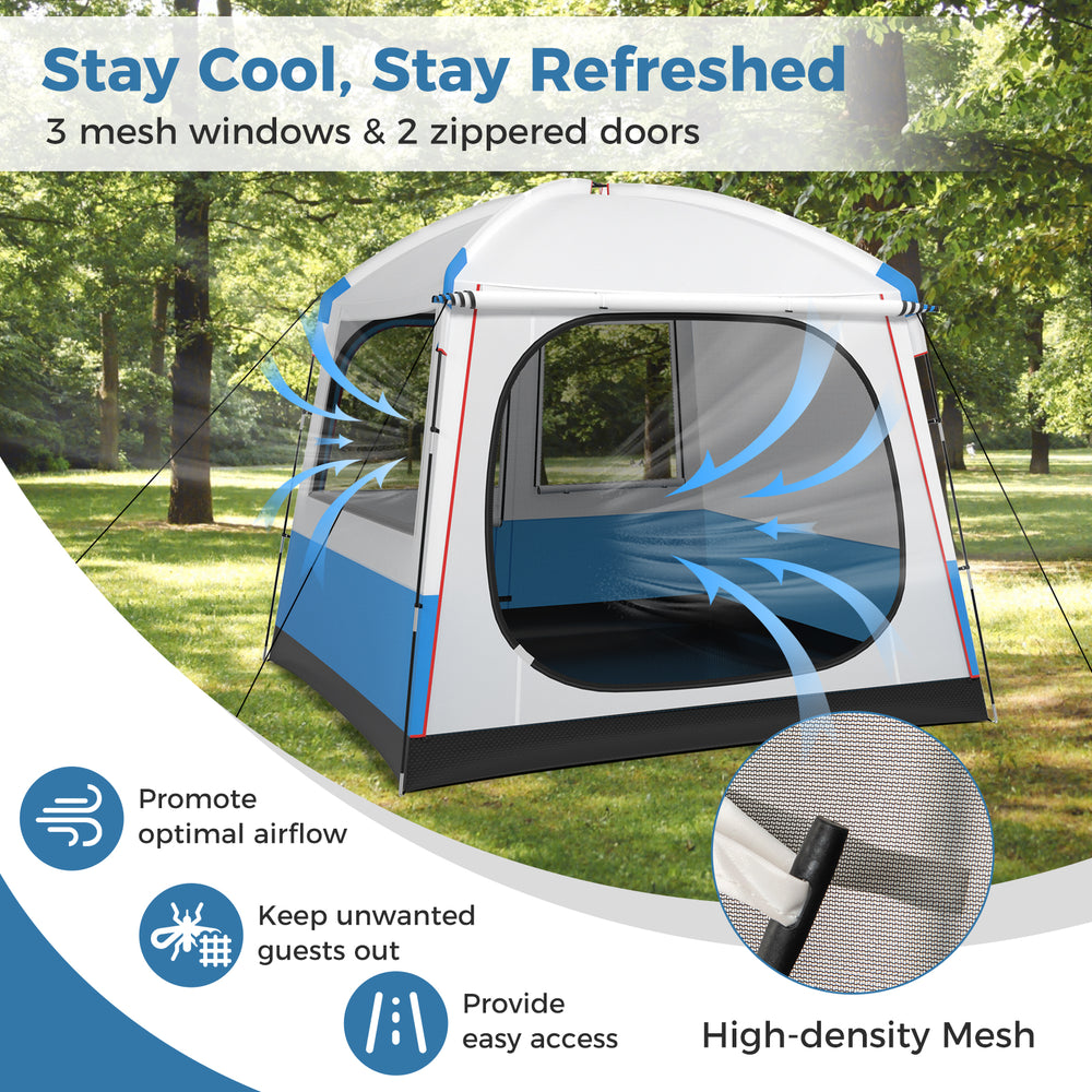 5-person camping tent featuring 3 mesh windows for airflow, waterproof fabric, and a portable carrying bag for easy.