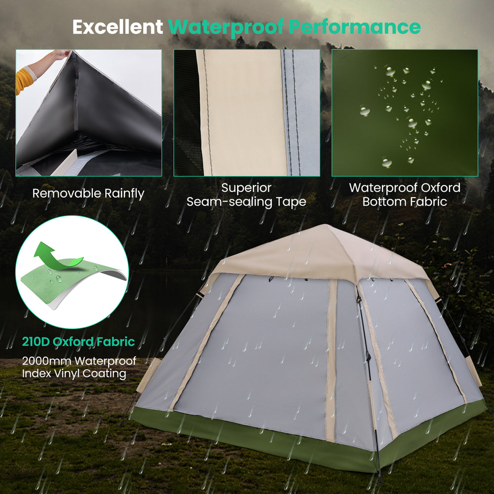 Close-up of the waterproof Oxford bottom fabric of a 2-4 person camping tent with removable rainfly for added.