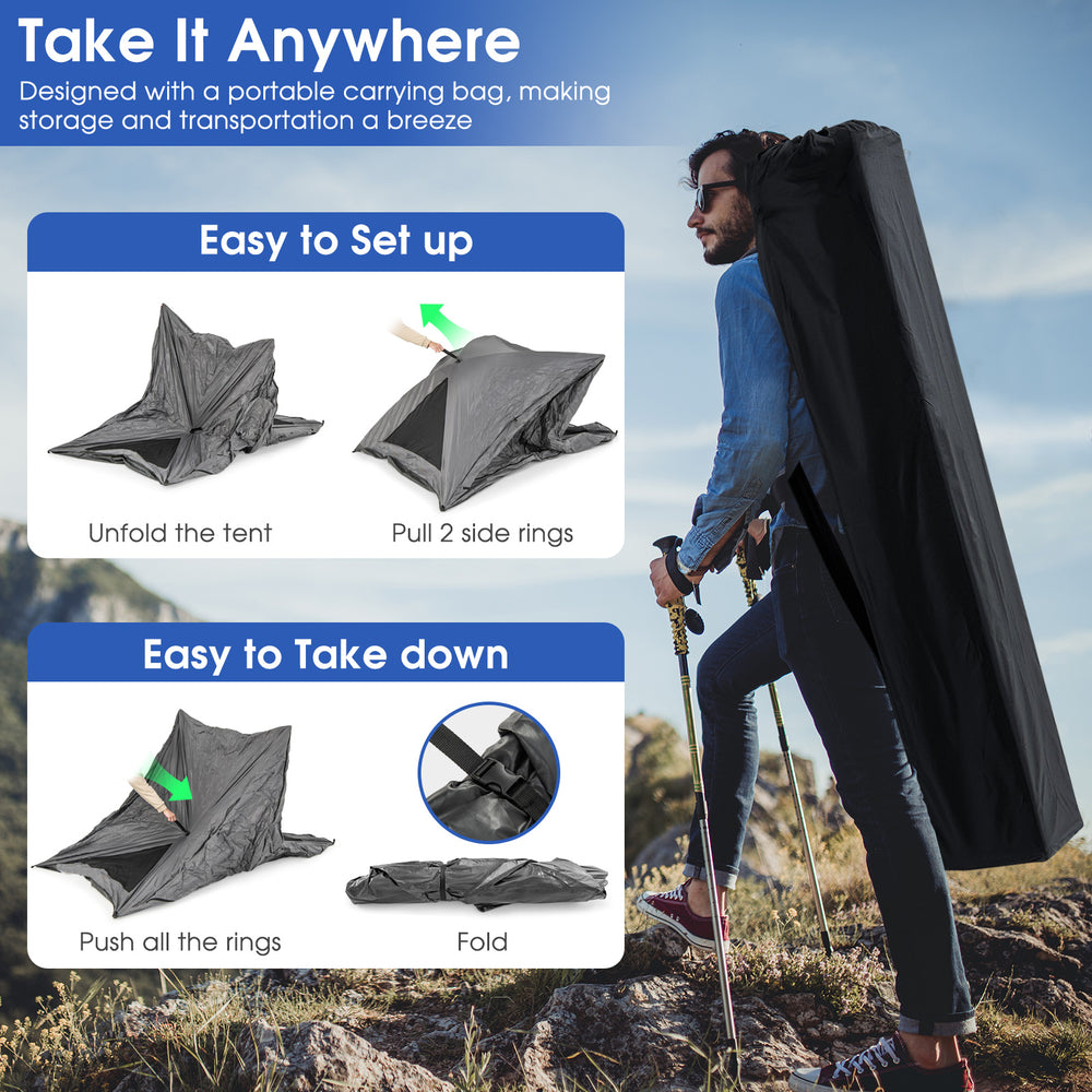 Pop-up camping tent for 2-3 people in gray, featuring a convenient carry bag and easy setup for outdoor adventures.