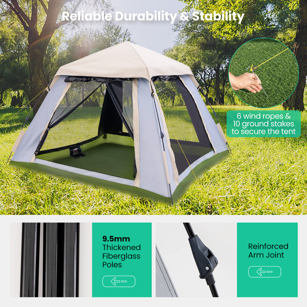 Instant pop-up camping tent for 2-4 people with removable rainfly, featuring mesh windows and sturdy fiberglass poles.
