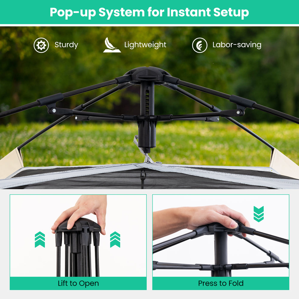 Pop-up system for instant setup of a 2-4 person camping tent, showcasing sturdy poles and easy folding mechanism.
