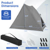 Pop-up camping tent for 2-3 people in gray, featuring dimensions, carrying bag, ground stakes, and wind ropes for.