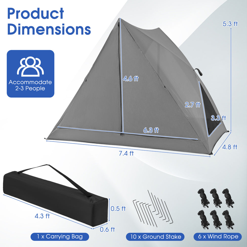 Pop-up camping tent for 2-3 people in gray, featuring dimensions, carrying bag, ground stakes, and wind ropes for.