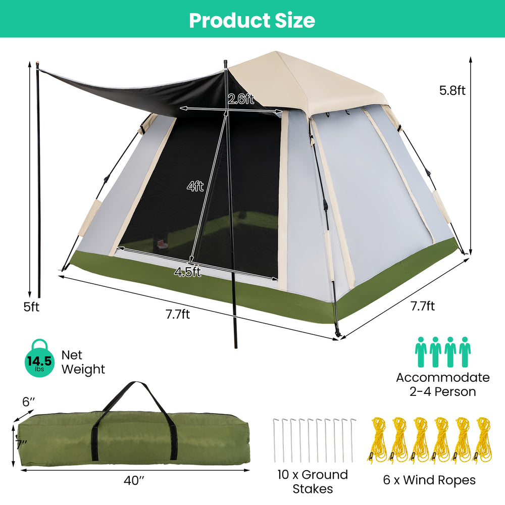 2-4 person instant pop-up camping tent with removable rainfly, featuring large interior space and waterproof oxford.