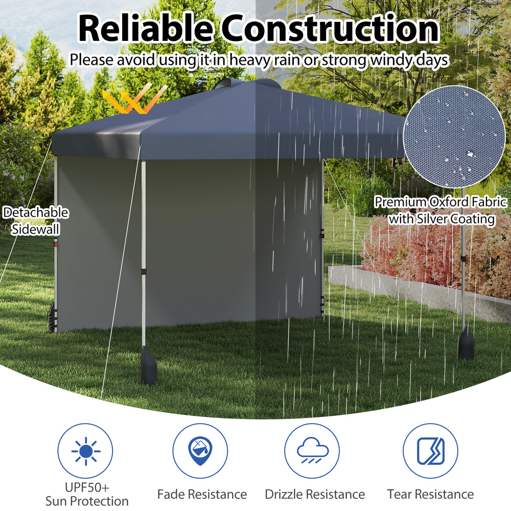 Pop-up canopy tent with gray oxford fabric, sidewall, and wheeled bag, ideal for outdoor events and sun protection.