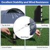 Pop-up canopy tent features wind ropes, sandbags, and stakes for stability; ideal for outdoor events and sun protection.