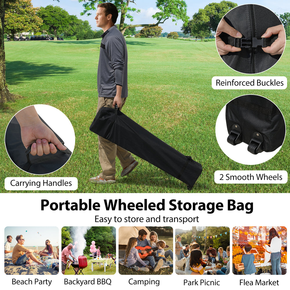 Portable wheeled storage bag with reinforced buckles and two smooth wheels for easy transport of the pop-up canopy tent.