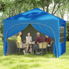Blue 10 x 10 ft pop-up canopy tent with four removable sidewalls, ideal for outdoor gatherings and protection from.