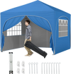Pop-up canopy tent in blue with removable sidewalls, ideal for outdoor events and easy transport with a wheeled bag.