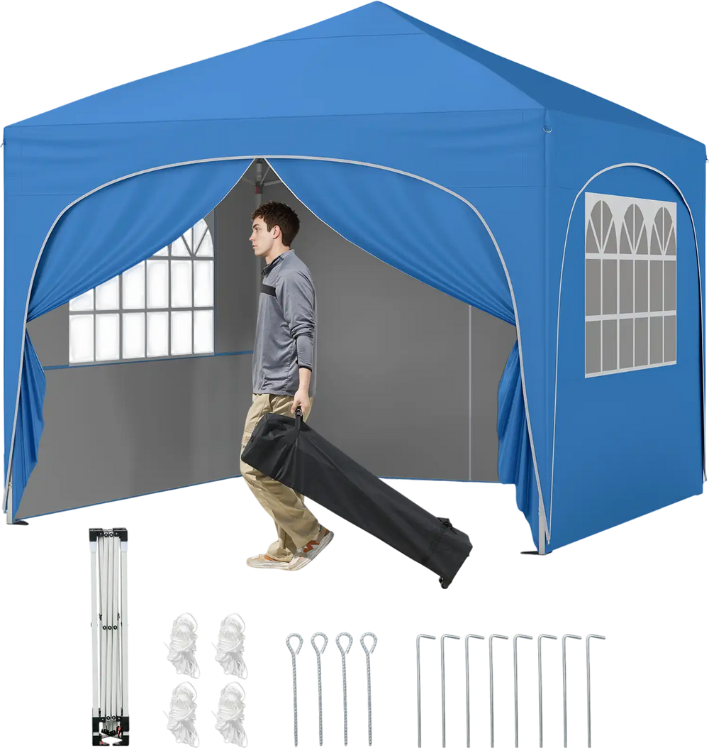 Pop-up canopy tent in blue with removable sidewalls, ideal for outdoor events and easy transport with a wheeled bag.