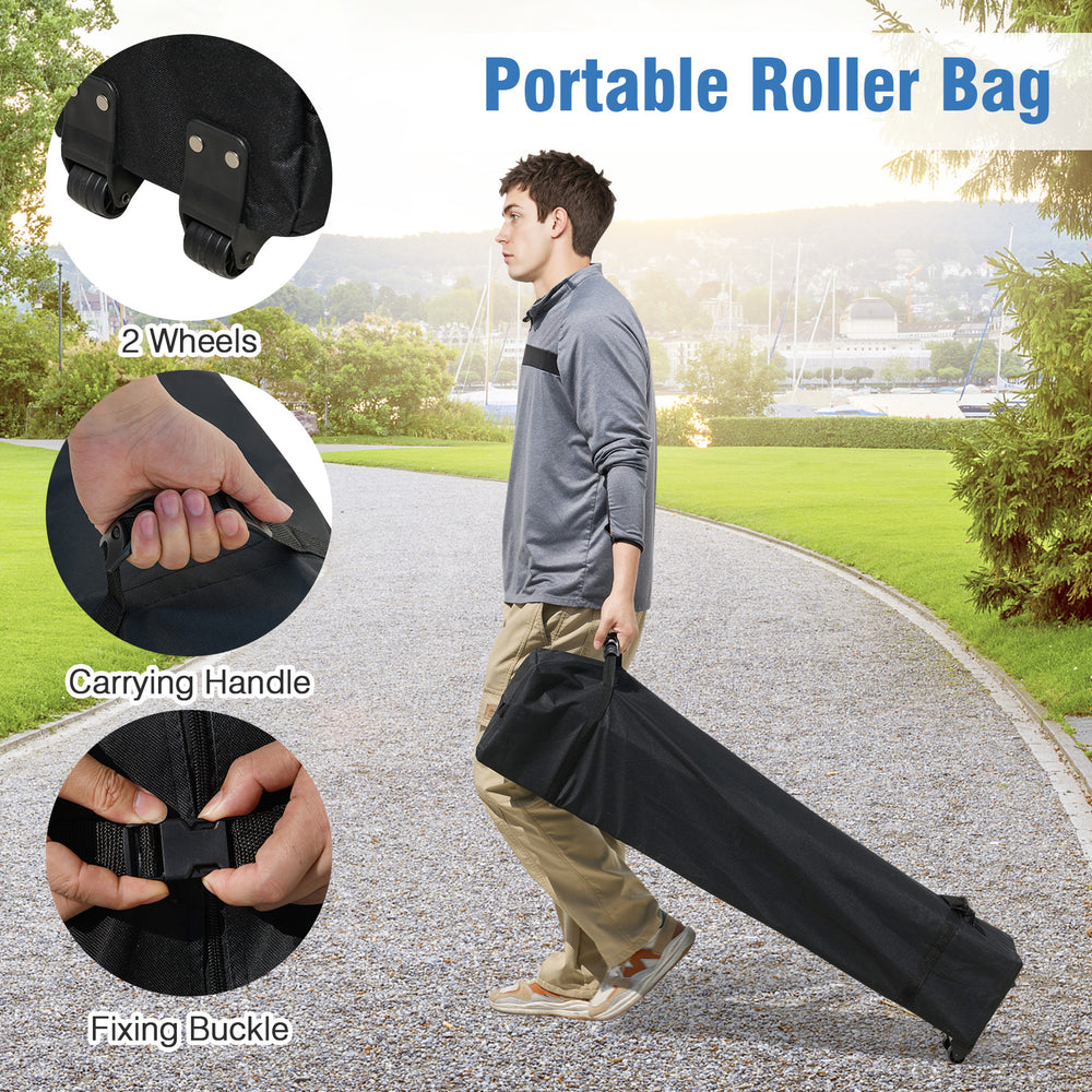 Portable roller bag with 2 wheels and carrying handle for easy transport of the 10x10 FT pop-up canopy tent.