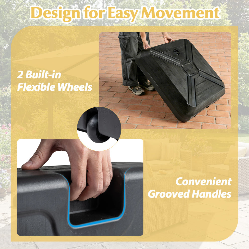 Cantilever offset umbrella base with wheels and grooved handles for easy mobility and stability in outdoor settings.