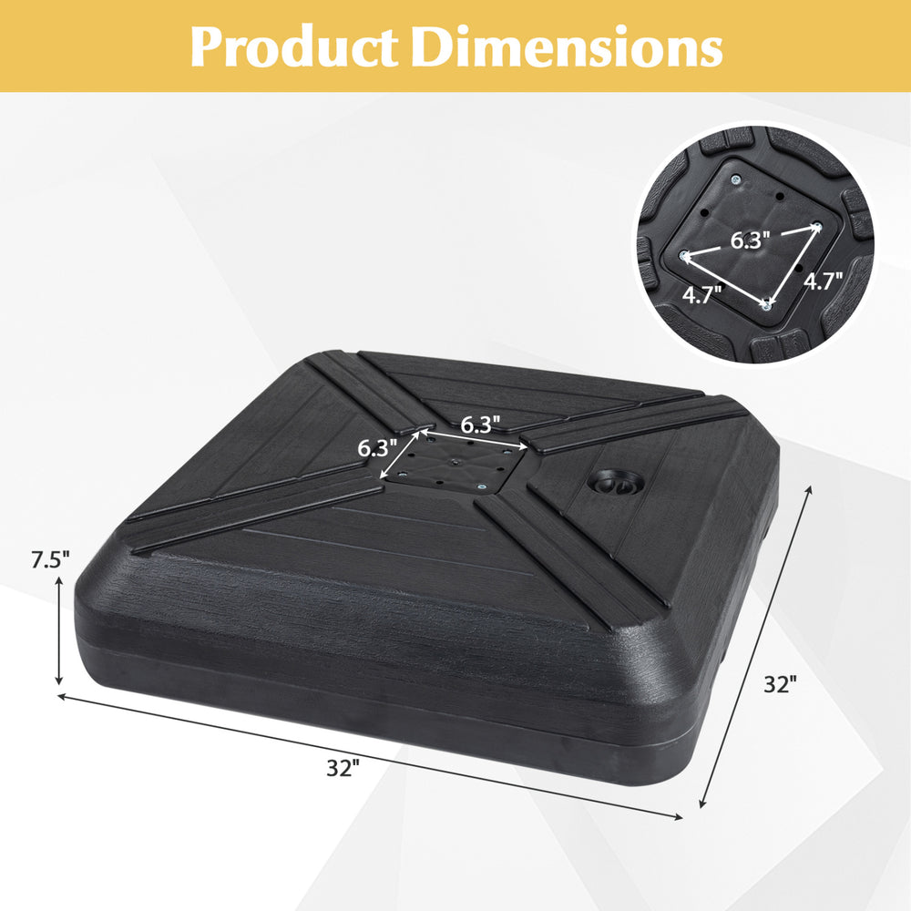 Square cantilever umbrella base with wheels, measuring 32" x 32" x 7.5", designed for stability at patios and poolsides.